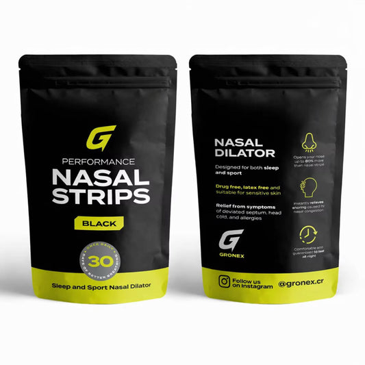Tiras nasales Gronex para deporte y dormir mejor — empaque negro con logo